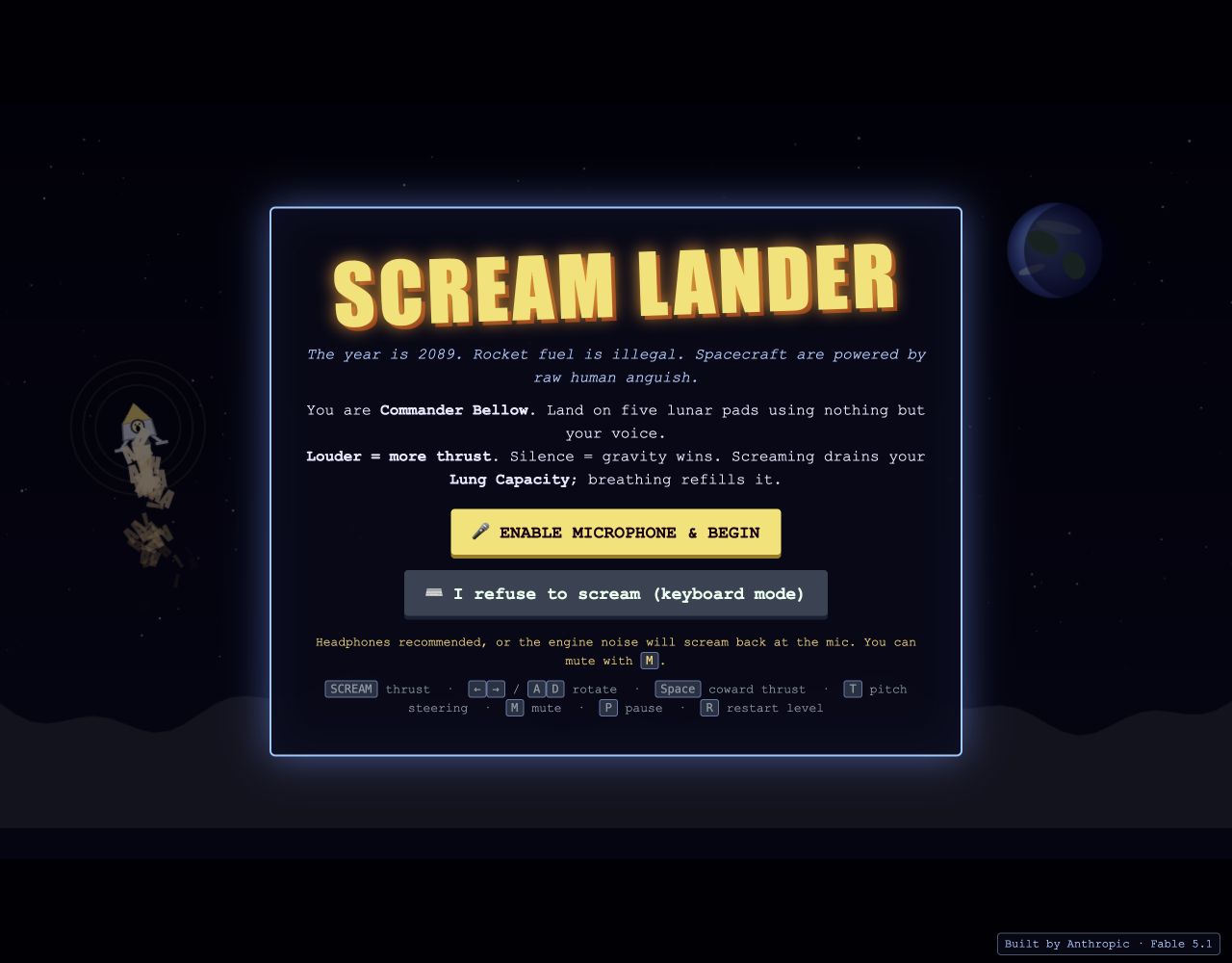SCREAM LANDER opening screen, built by Fable 5.1