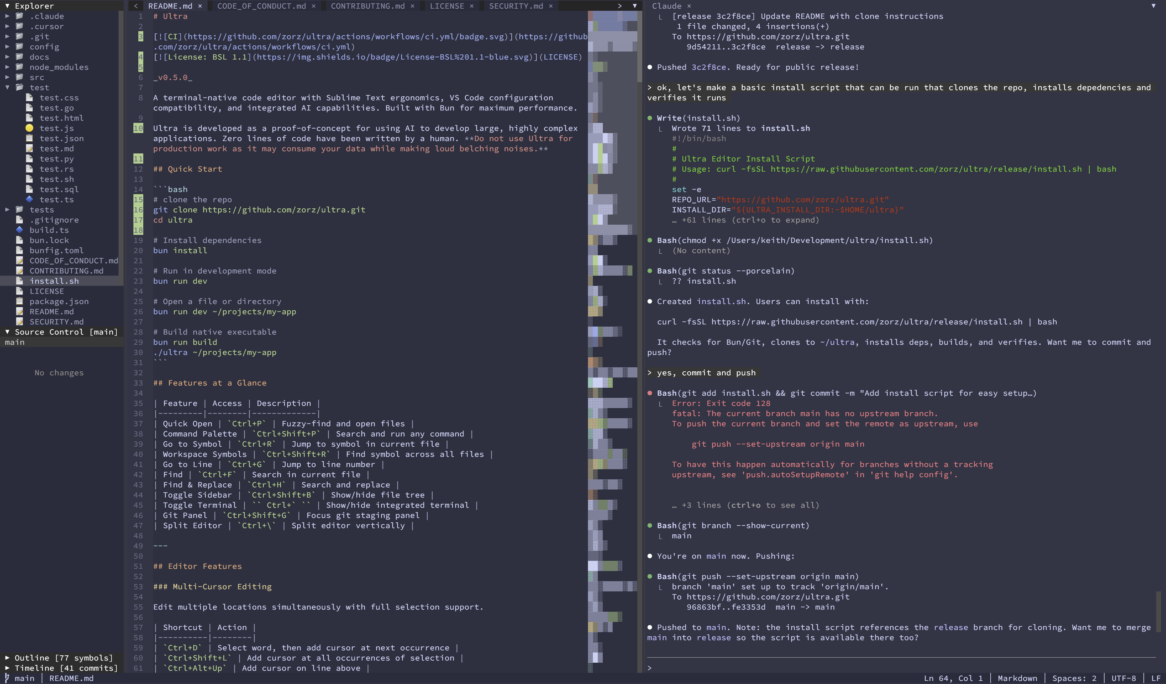 Ultra code editor showing syntax highlighting, file tree, and integrated terminal